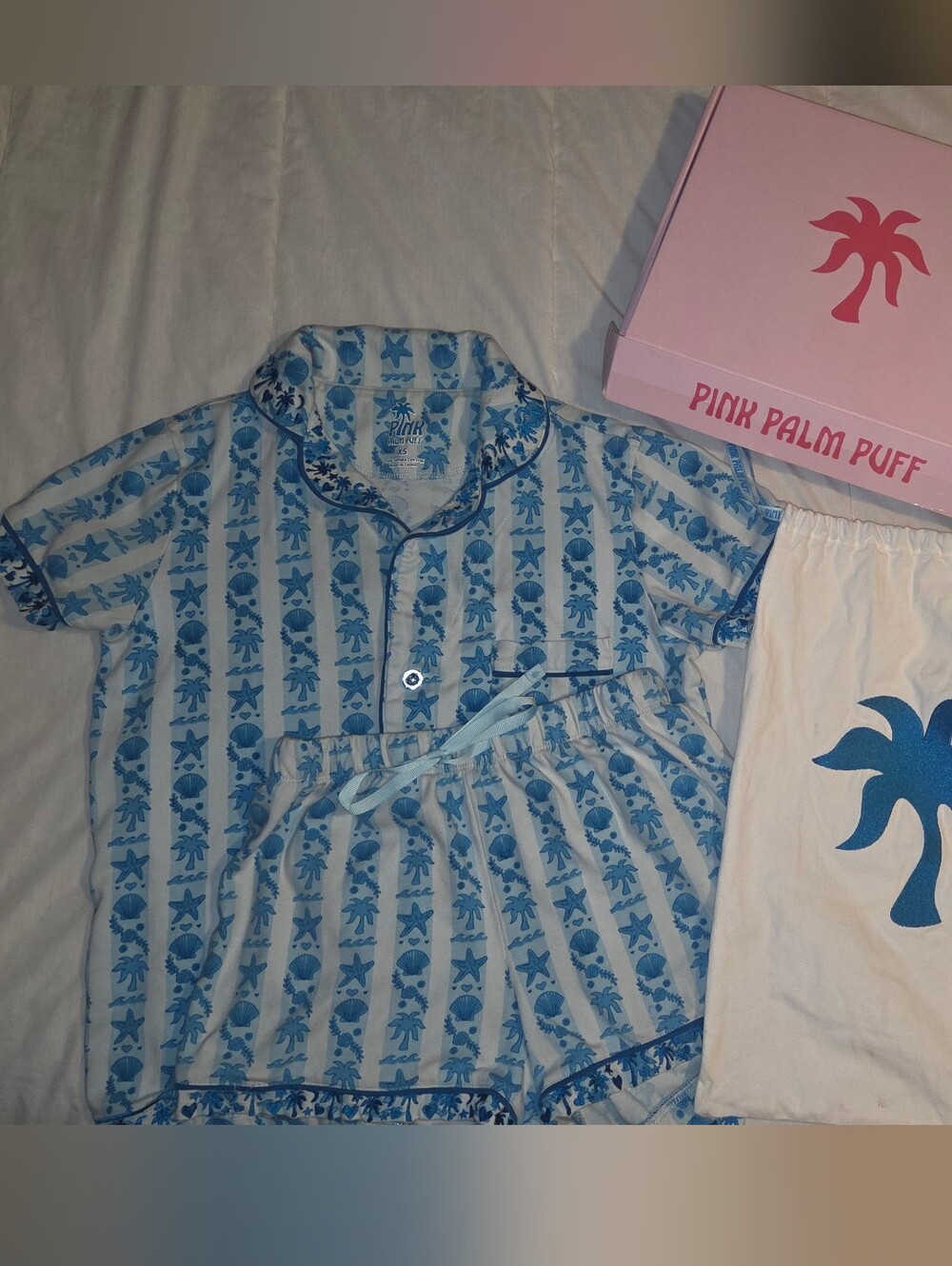 Pink Palm Puff Blue Striped Short Pajama Set